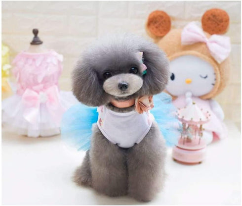 Puppy Skirt Dog Dresses for Small Dogs - Princess Tutu Flower Sequin Dot Wedding Lace Bow Dresses - Blue, Size L