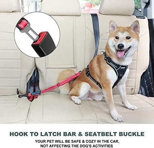 IOKHEIRA 3-in-1 Dog Seat Belt, Adjustable Safety Car Harness, Durable Nylon Reflective Bungee Tether with Clip Hook