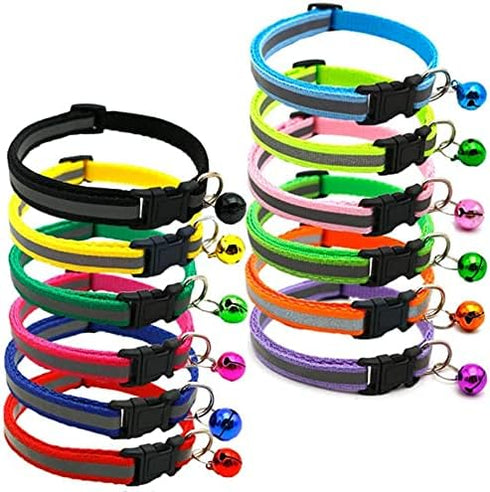 Cat Collar with Bell, 12pcs Mixed Colors Reflective Collars, Soft Nylon for Cat or Small Dogs, Neck 7.8" - 13"