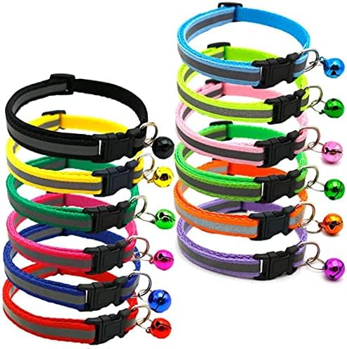 Cat Collar with Bell, 12pcs Mixed Colors Reflective Collars, Soft Nylon for Cat or Small Dogs, Neck 7.8" - 13"