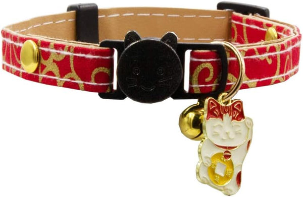 Breakaway Cat Collar with Bells & Fortune Cat Charm - Adjustable Chirimen Japanese Collar for Cats and Small Dogs