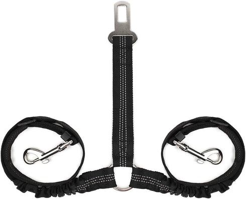 SlowTon Adjustable Dog Seat Belt - Double Dog Safety Leash with Elastic Bungee Buffer (Black, M)