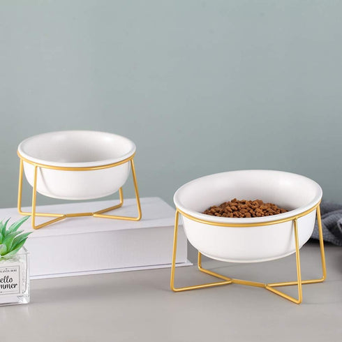 White Small Ceramic Tilted Elevated Cat Dog Bowl, Raised Food Water Dish with Gold Iron Stand for Pet Comfort