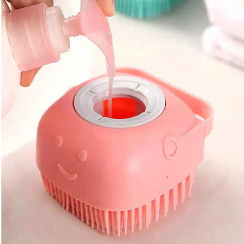 Dog Brush – Cat Brush – Shampoo Dispensing Scrubber – Soft Silicone Design for Grooming, Deshedding, Pink
