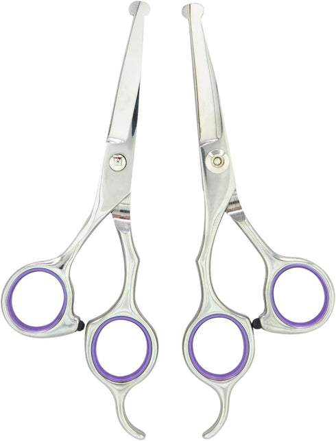 Grooming Scissors, Stainless Steel Dog Shears with Safety Rounded Tip, Set of Two in Leather Cover