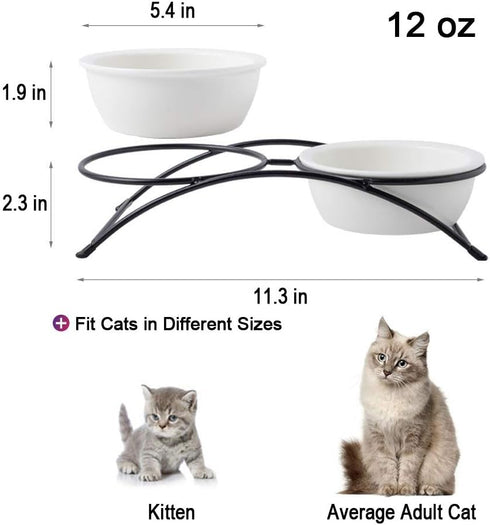 Elevated Cat Bowls, Dog Bowl, Ceramic Raised Cat Food Water Bowl Set with Metal Stand for Indoor Cats Small Dog, Prevent Neck Pain,12 Ounces, Cute Paw Pattern