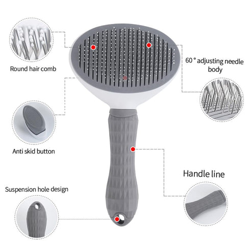 Cat Brush with Release Button, Universal for Cats and Dogs, One Click Release, Brush and Flea Comb Set (Grey)