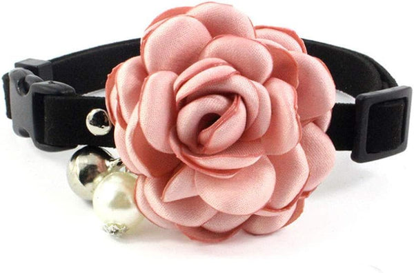 Everflowering Rose Flower Cat Dog Collar Bow Tie, Suede Puppy Necklace with Bell, Adjustable (Pink, XS)