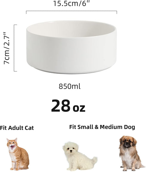 Non-Slip Ceramics Dog Bowl Small and Medium Dog Feeding Bowl Dog Food Bowl Dog Dish Water Bowl Protect Cervical Spine (6in Bowl, White)