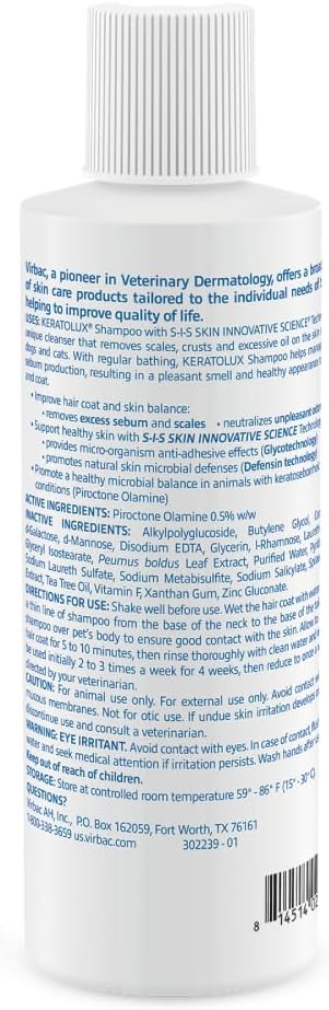 8 oz Virbac KERATOLUX (Piroctone Olamine) Medicated Shampoo for Oily to Flaky Skin, Seborrheic Prone Dogs and Cats