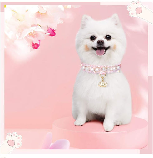 PetsHome Premium PU Leather Cat and Dog Collar, Adjustable, Cute Pearl, Beautiful Lace, Small Pink