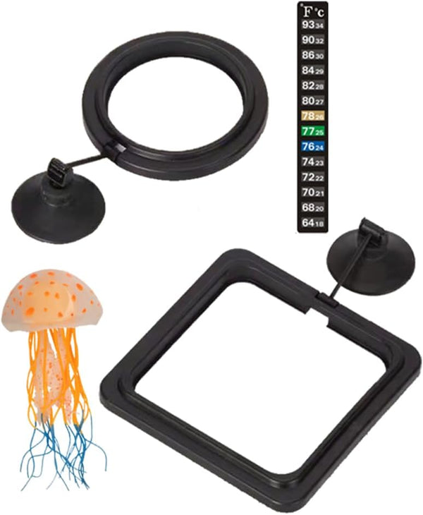 Feeding Fish Ring Set | 4pcs Fish Food Feeder + Jellyfish Decorations + Thermometer Strip for Aquarium Tank Accessories