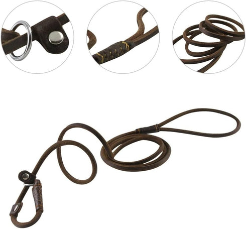 DONGKER Dog Slip Lead - 5ft 2-in-1 Leather Pet Training Walking Leash for Small Medium Large Dogs