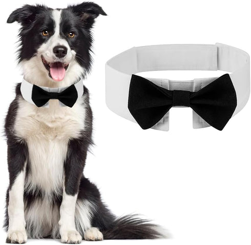 Elegant Dog Bow Tie, Adjustable White Collar Tuxedo Bowtie for Formal Pets, Perfect for Weddings and Birthdays