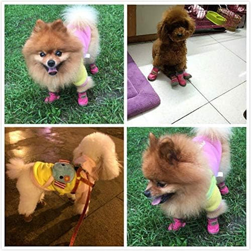 Warm Winter Little Pet Dog Boots, Skidproof Soft Snowman Anti-Slip Sole Paw Protectors, Small Puppy Shoes 4PCS (L, Pink)