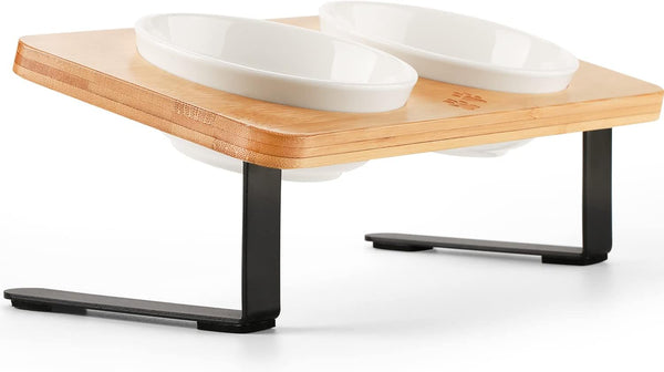 Ceramic Elevated Cat Bowls with Bamboo Stand, 10° Tilted Raised Dishes for Food and Water, Anti Vomiting Pet Bowl Set