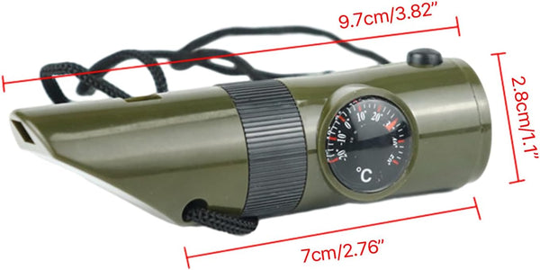 Multifunctional 7 in 1 Camping Hiking Outdoor Whistle with Compasses, Magnifier, LED Flashlight, Thermometer