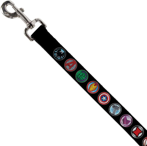 Dog Leash, 9 Avenger Icons Black Multi Color, 6 Feet Long, 0.5 Inch Wide