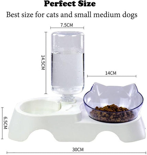 Elevated Cat Food Water Bowls with 15° Tilted Raised Stand, Double Dog Cat Bowls Anti Vomiting, Automatic Water