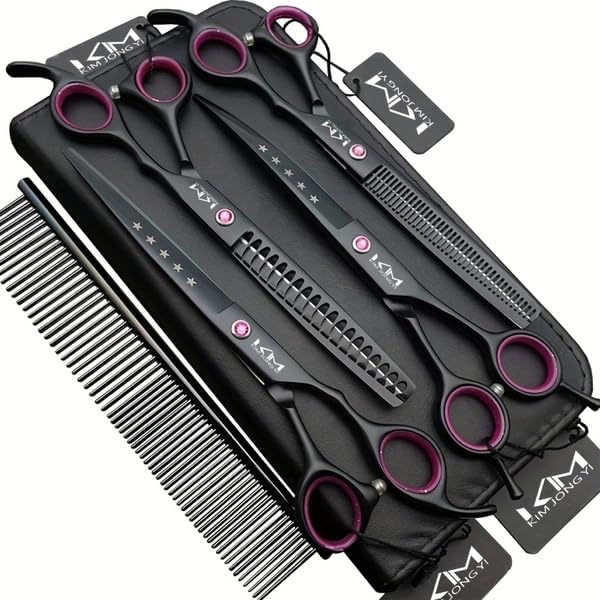 VXKOCZS Professional Dog Grooming Scissors Set, 7-Piece, Purple, with Storage Case