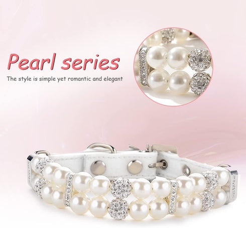 Dog Cat Pearl Collars - Adjustable Crystal Rhinestone PU Leather Necklace, Medium Size, White Pearl Pet Collar