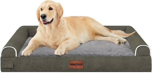 Large Orthopedic Dog Bed, Washable Bolster XL Memory Foam Sofa Couch with Removable Cover - Dark Green