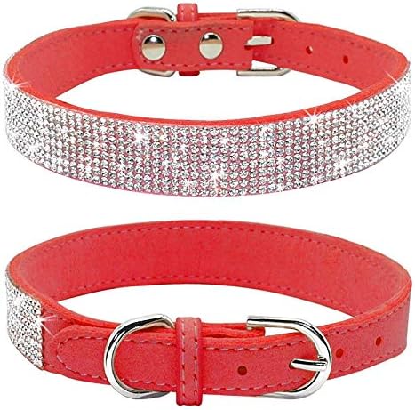 Haoyueer Rhinestone Dog Collar, Cute Dazzling Soft Suede Leather Collar, Crystal Diamond Pet Dog Puppy Collar (Red, L)