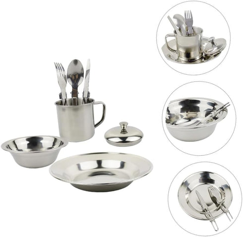 Set 1-2 Backpacking BESPORTBLE Stainless Steel Cookware and Portable Camping Tableware for People, Outdoor Picnic