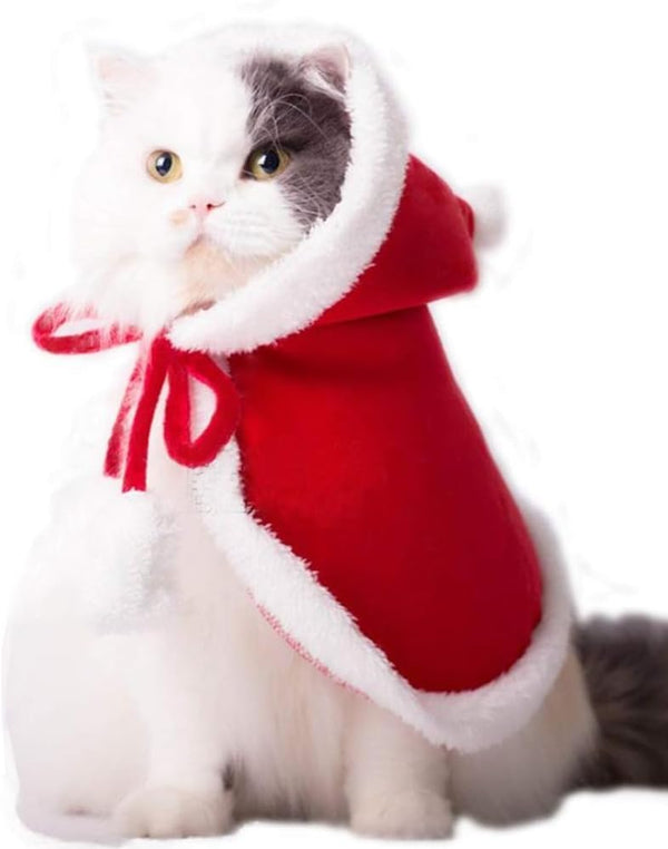 ANIAC Pet Christmas Costume Poncho Cape with Hat, Santa Claus Cloak for Cats & Small Dogs (Large, Red)