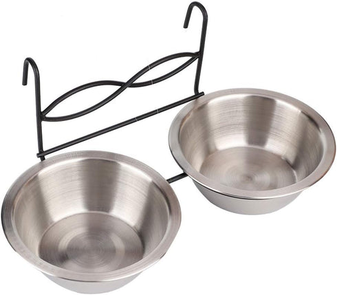 Stainless Steel Dual Hanging Food Water Bowl Feeder with Hook for Cat, Dog, Puppy Crate, Cage, and Kennel