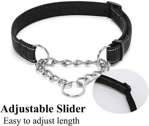 Martingale Dog Collars, Reflective Nylon Soft Padded Training Collar with Stainless Steel Chain for Small Medium Large