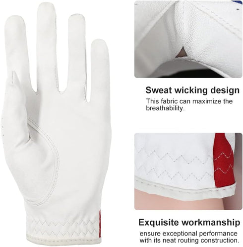 Golf Gloves Left Hand with Ball Marker, Men Women USA Flag Synthetic Leather Adjustable Strap
