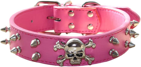 Spiked Leather Dog Collar, 2 Rows Bullet Rivets Studded PU Leather for Medium and Large Dogs (L, Hot Pink)