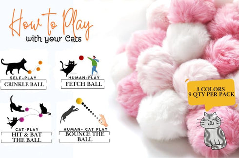 Cat Toys Furry Ball with Bell for Cats - Kitty Rabbit Tails (Pink with Bell)