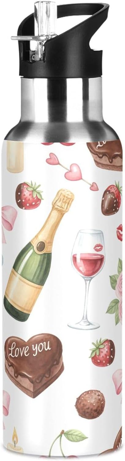 Wassud 32 oz Water Bottle Red Wine and Roses Stainless Steel Sport Water Bottle with Straw Insulated Water Bottles