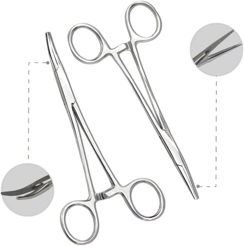 2pcs Set Pets Ears/Nose Hair Puller - Straight & Curved Full Serrated Stainless Steel Hemostat Locking Forceps