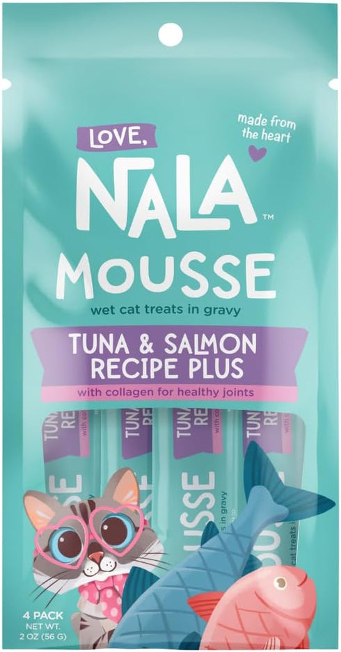 LOVE, NALA Natural Lickable Cat Treat Topper - Tuna & Salmon Collagen Mousse, Grain Free, 4 Pack 2 oz.