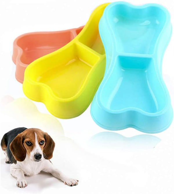 EORTA 3 Pcs Dog Double Bowls - Bone Shaped Feeder, Pet Plastic Bowl for Water & Food, Smooth Surface, Random Color