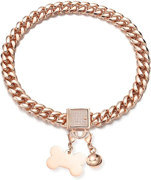 Rose Gold Chain Dog Collar, 10MM/14MM Cuban Link Chew Proof Stainless Steel for Small Medium Large Dogs (14mm, 22inch)