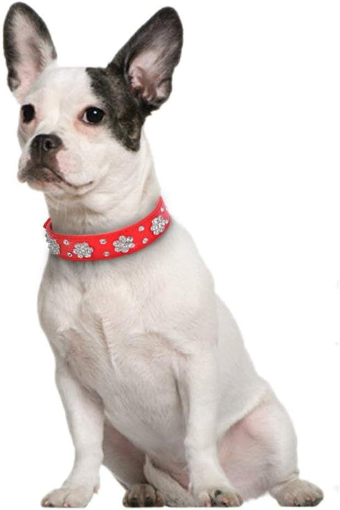 Rhinestone Dog Collar, Cute Flower Bling PU Leather Collar Adjustable Sizes for Small Medium Large (L:31-37cm, Pink)