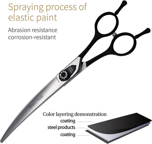 Fenice 7.5" Professional Grooming Scissors for Dogs, Curved Shears Made of Japanese Stainless Steel (Black)