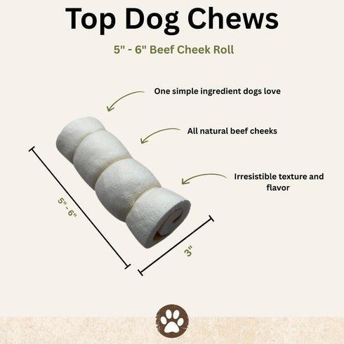 6 5 Pack, Top Dog Chews Roasted Beef Cheek Rolls, Long Lasting Dog Bones for Aggressive Chewers, Rawhide Free Dog