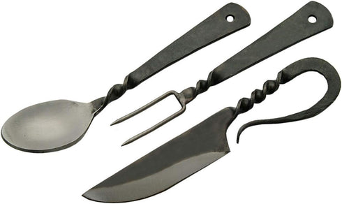 SZCO Supplies 7.25" Medieval Eating Utensil Set: Fork, Knife, Spoon, Carbon Steel, Multicolor (HS-4406)