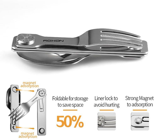 Roxon C2 Camping Utensil, 2 in 1 Detachable Folding Cutlery with Fork & Spoon for Outdoor, Hiking, Easy Carry