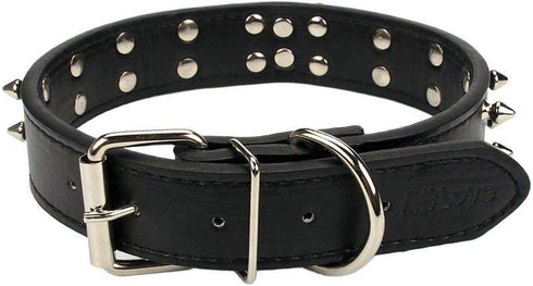 Spiked Leather Dog Collar - 2 Rows Bullet Rivets Studded PU Leather, Cool Skull Pet Accessories for Medium and Large