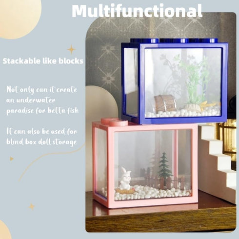 Small Betta Fish Tank, Stackable Mini Aquarium Kit with Gravel & Forest Micro Landscape, 0.6 Gallon (Blue)