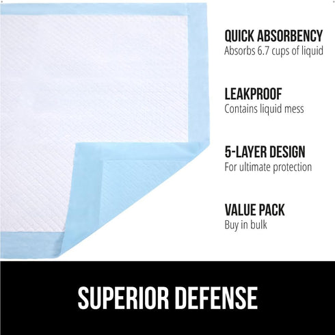 Gorilla Guard Absorbent and Leak Proof Disposable Puppy Pads for Dogs, 50 Pack, 5 Layer Pee Pad, 6.7 Cup Absorbency for Doggy Potty Training, Quick Dry Odorless Housebreaking Supplies, 22x22 in