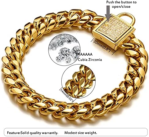 Designer Dog Collar with Gold Metal Stainless Steel & Zirconia Lock - 18K Gold Luxury Training Collar (18 inch)