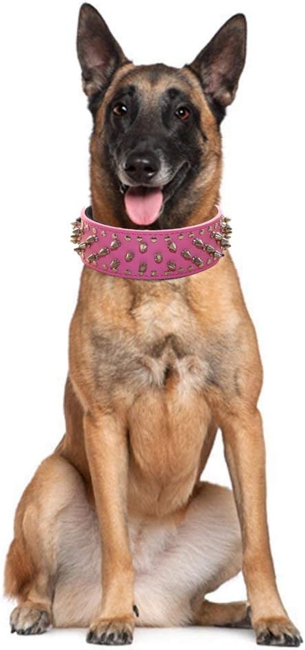 Spiked Studded Dog Collar - PU Leather Adjustable Collar for Medium or Large Breed Pet (M, Gold Brown)