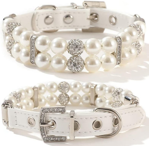 Pearl Dog Collar & Cat Collar, PU Leather Girls Necklace with Crystal Rhinestone for Female Puppy Kitten XS S Medium